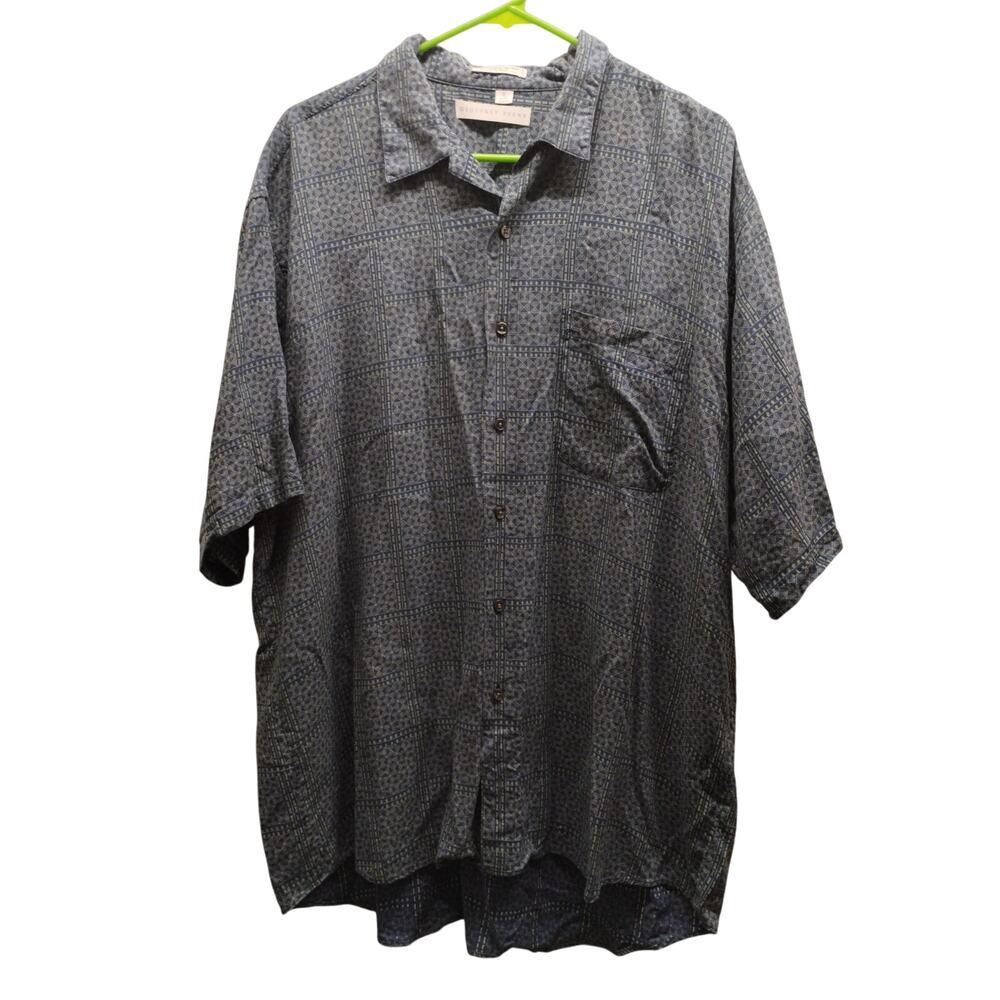 Vintage Geoffrey Beene Mens XL Blue Geometric Print Short Sleeve Button Up Shirt